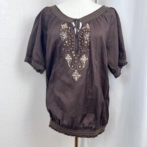 Vintage Y2K Boho Peasant Top Womens 2X Brown Beaded Artsy Festival Fairygrunge